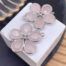 Коннектор цветок огранка розовый кварц, цвет серебро ~ 26 мм
