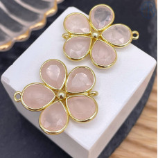 Коннектор цветок огранка розовый кварц, цвет золото ~ 26 мм