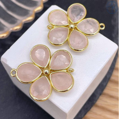 Коннектор цветок огранка розовый кварц, цвет золото ~ 26 мм