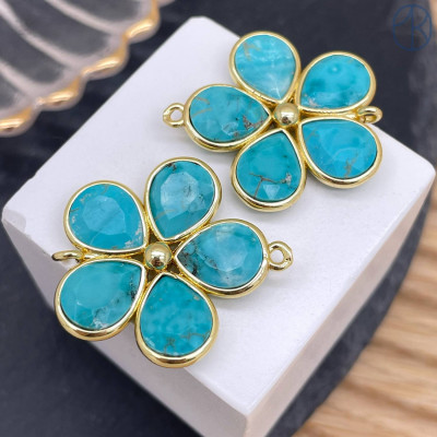 Коннектор цветок огранка турквенит, цвет золото ~ 26 мм
