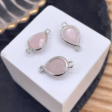 Коннектор капля огранка розовый кварц, цвет серебро ~ 11 мм