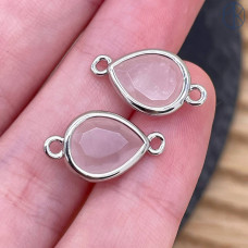 Коннектор капля огранка розовый кварц, цвет серебро ~ 11 мм