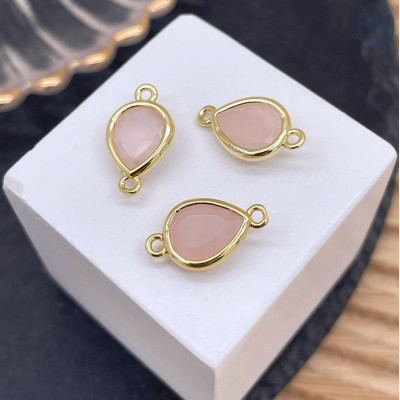 Коннектор капля огранка розовый кварц, цвет золото ~ 11 мм