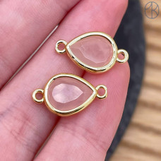Коннектор капля огранка розовый кварц, цвет золото ~ 11 мм