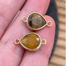 Коннектор капля огранка тигровый глаз, цвет золото ~ 11 мм