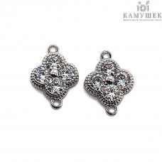 Коннектор клевер цирконы, цвет серебро 11х8 мм 