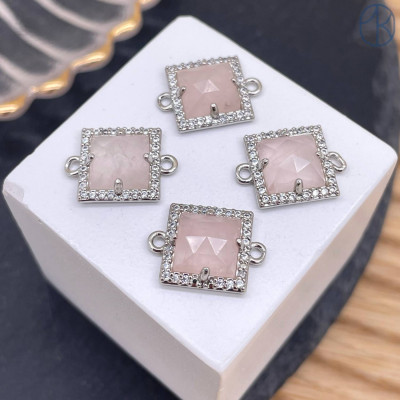 Коннектор квадрат огранка розовый кварц, цвет серебро ~ 11 мм