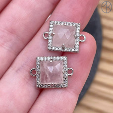 Коннектор квадрат огранка розовый кварц, цвет серебро ~ 11 мм