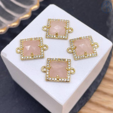 Коннектор квадрат огранка розовый кварц, цвет серебро ~ 11 мм