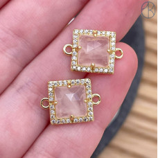 Коннектор квадрат огранка розовый кварц, цвет серебро ~ 11 мм