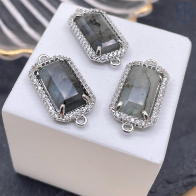 Коннектор лабрадор прямоугольник цирконы, цвет серебро 18х12 мм