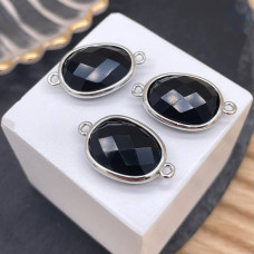 Коннектор овал огранка агат черный, цвет серебро ~ 16 мм