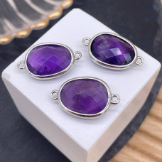 Коннектор овал огранка аметист, цвет серебро ~ 16 мм