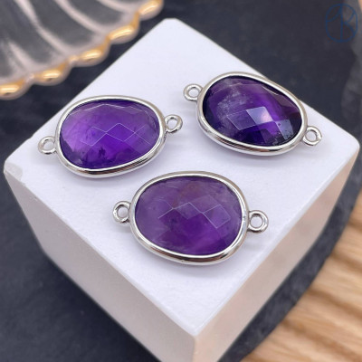 Коннектор овал огранка аметист, цвет серебро ~ 16 мм