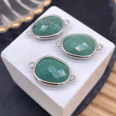 Коннектор овал огранка авантюрин зеленый, цвет серебро ~ 16 мм