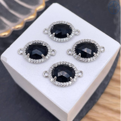 Коннектор овал огранка цирконы агат черный, цвет серебро ~ 12 мм