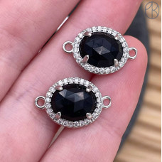Коннектор овал огранка цирконы агат черный, цвет серебро ~ 12 мм