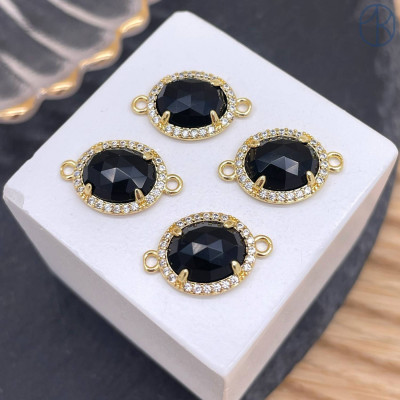 Коннектор овал огранка цирконы агат черный, цвет золото ~ 12 мм