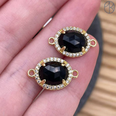 Коннектор овал огранка цирконы агат черный, цвет золото ~ 12 мм