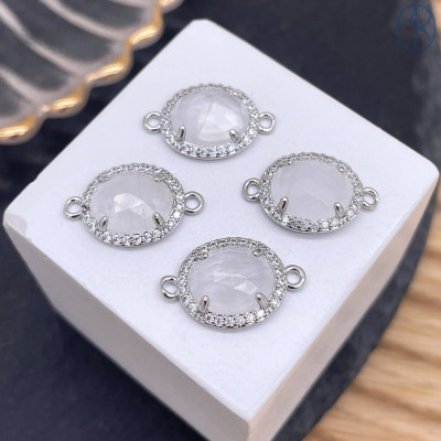 Коннектор овал огранка цирконы горный хрусталь, цвет серебро ~ 12 мм