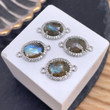 Коннектор овал огранка цирконы лабрадор, цвет серебро ~ 12 мм