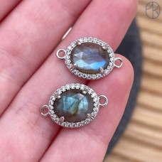 Коннектор овал огранка цирконы лабрадор, цвет серебро ~ 12 мм