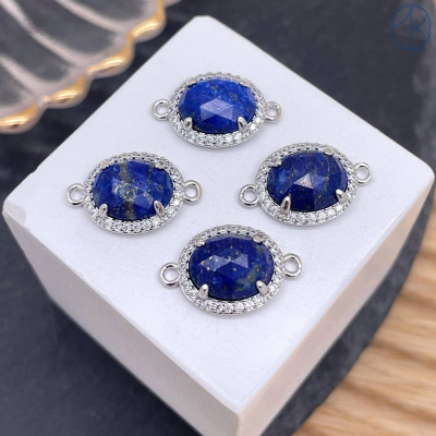 Коннектор овал огранка цирконы лазурит, цвет серебро ~ 12 мм