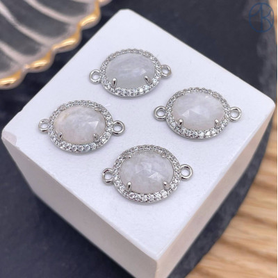 Коннектор овал огранка цирконы лунный камень, цвет серебро ~ 12 мм