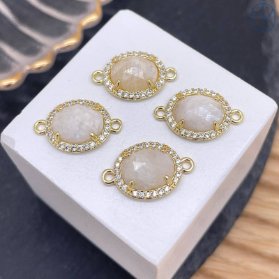 Коннектор овал огранка цирконы лунный камень, цвет золото ~ 12 мм