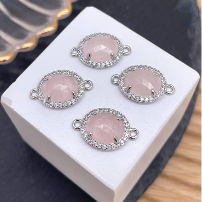 Коннектор овал огранка цирконы розовый кварц, цвет серебро ~ 12 мм