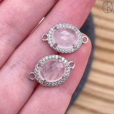 Коннектор овал огранка цирконы розовый кварц, цвет серебро ~ 12 мм
