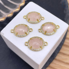 Коннектор овал огранка цирконы розовый кварц, цвет золото ~ 12 мм