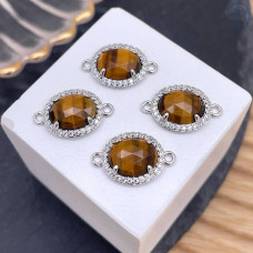 Коннектор овал огранка цирконы тигровый глаз, цвет серебро ~ 12 мм