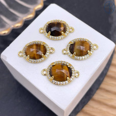 Коннектор овал огранка цирконы тигровый глаз, цвет золото ~ 12 мм