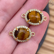 Коннектор овал огранка цирконы тигровый глаз, цвет золото ~ 12 мм