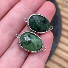 Коннектор овал огранка цоизит, цвет серебро ~ 16 мм