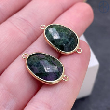 Коннектор овал огранка цоизит, цвет золото ~ 16 мм