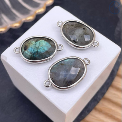 Коннектор овал огранка лабрадор, цвет серебро ~ 16 мм
