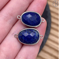 Коннектор овал огранка лазурит, цвет серебро ~ 16 мм