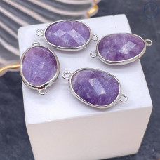 Коннектор овал огранка Лепидолит, цвет серебро 13х17 мм