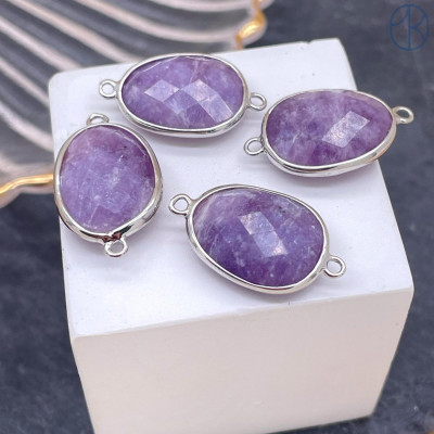 Коннектор овал огранка Лепидолит, цвет серебро 13х17 мм