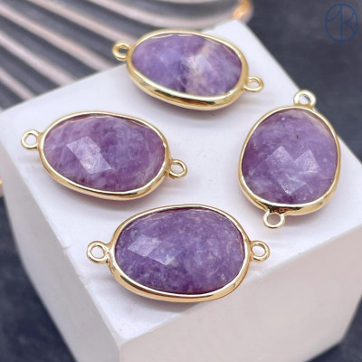 Коннектор овал огранка Лепидолит, цвет золото 13х17 мм