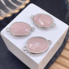 Коннектор овал огранка розовый кварц, цвет серебро ~ 16 мм