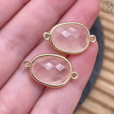 Коннектор овал огранка розовый кварц, цвет золото ~ 16 мм