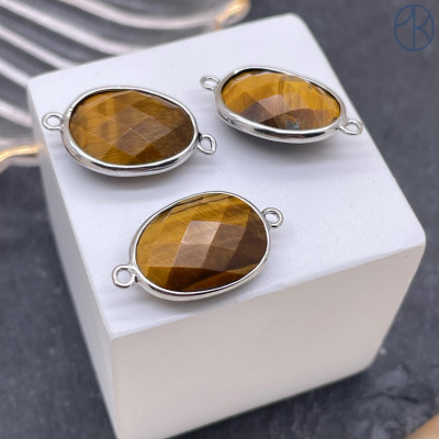 Коннектор овал огранка тигровый глаз, цвет серебро ~ 16 мм