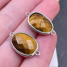 Коннектор овал огранка тигровый глаз, цвет серебро ~ 16 мм