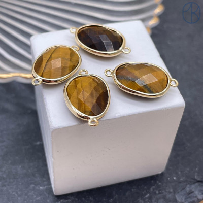 Коннектор овал огранка тигровый глаз, цвет золото ~ 16 мм