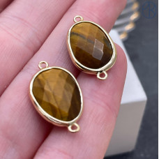 Коннектор овал огранка тигровый глаз, цвет золото ~ 16 мм