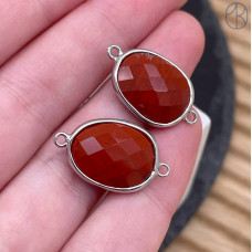Коннектор овал огранка яшма красная, цвет серебро ~ 16 мм