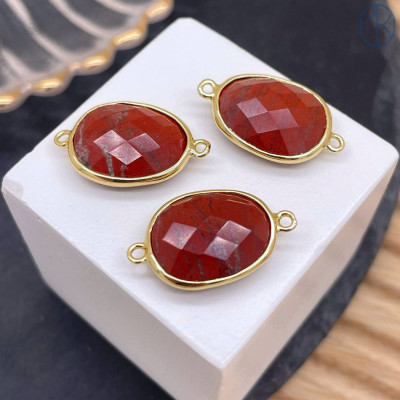 Коннектор овал огранка яшма красная, цвет золото ~ 16 мм